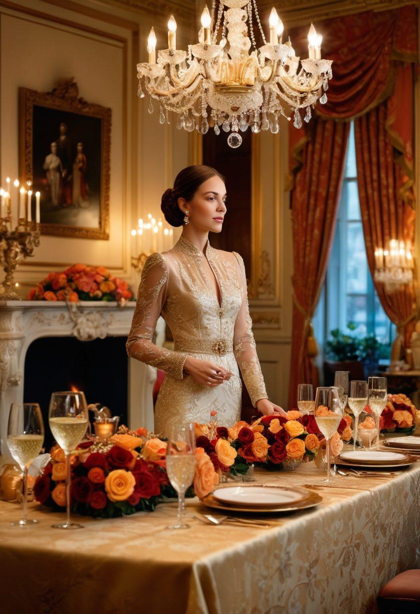 A luxurious setting depicting a graceful and confident individual surrounded by opulent elements like sparkling chandeliers, a lavish table set with fine dining, and expensive attire to symbolize wealth. Include subtle hints of intimacy, like two glasses of champagne with a romantic ambiance. Soft lighting envelops the scene, enhancing the allure of sugar relationships. vibrant colors. super-realistic.