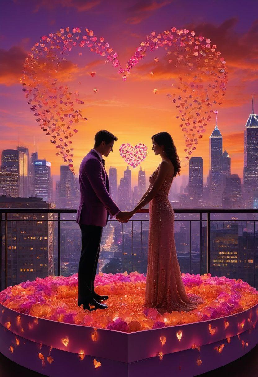 A romantic sunset setting featuring a couple holding hands, surrounded by symbols of wealth and support, like luxurious gifts and elegant restaurants. The background showcases a city skyline with twinkling lights, representing exclusive connections. Include subtle elements like heart shapes made of dollar signs to symbolize sugar relationships. The overall mood is warm and inviting, with a hint of sophistication. vibrant colors. super-realistic.