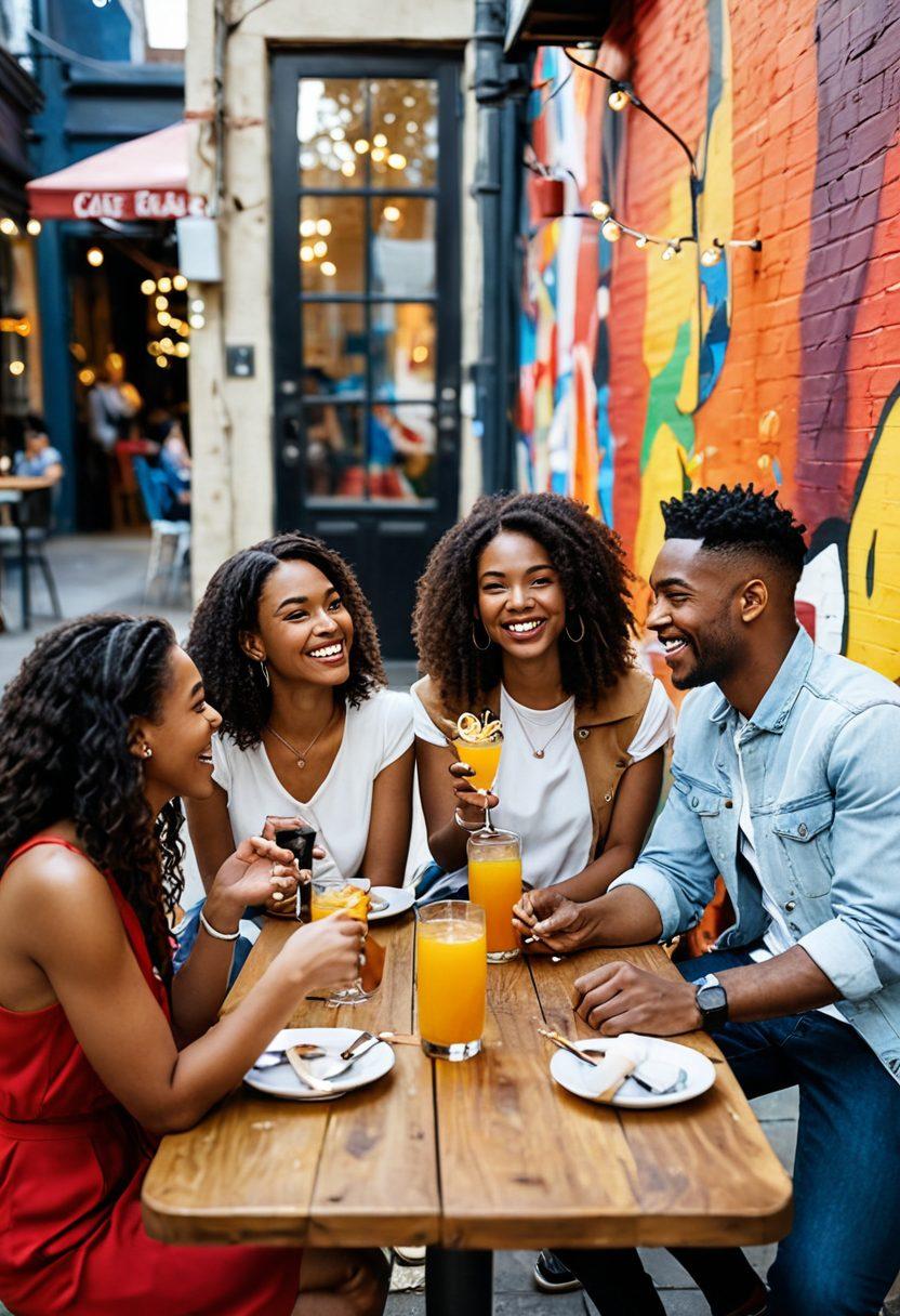 A stylish and diverse group of young adults enjoying a lively casual date in a trendy urban setting, surrounded by modern cafes and vibrant street art. Their humorous interactions and relaxed postures convey a sense of connection and fun, showcasing the essence of casual dating. Include elements like colorful cocktails and playful decor to enhance the atmosphere. The scene should be filled with warm sunlight and laughter. super-realistic. vibrant colors. 3D.